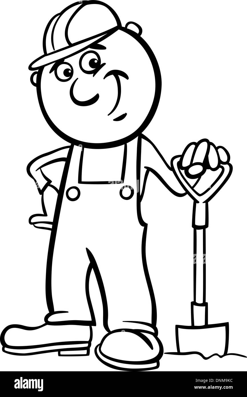 Schwarz / Weiß Cartoon Illustration des Mannes oder Arbeiter mit Spaten oder Schaufel für Kinder Malbuch Stock Vektor