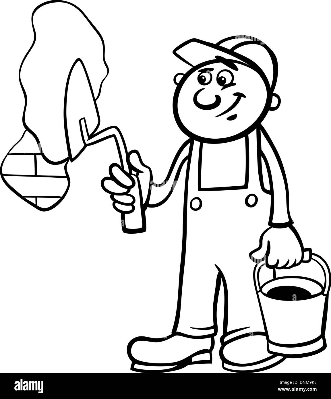Schwarz / Weiß Cartoon Illustration Mann Arbeitskraft oder Arbeiter mit Spachtel Putz Mauer für Kinder Malbuch Stock Vektor