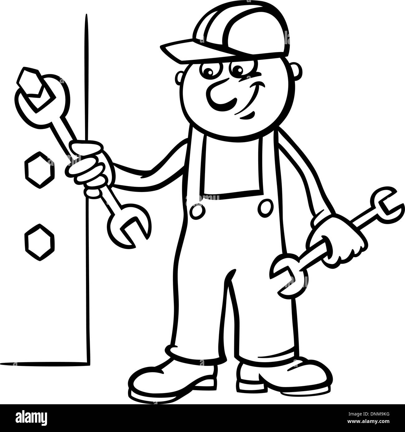 Schwarz / Weiß Cartoon Illustration der Mann Arbeiter oder Handwerker Schraube unten eine Schraube mit Schraubenschlüssel für Kinder in Malbuch Stock Vektor