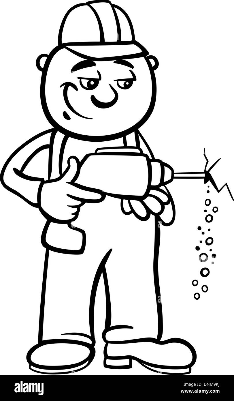 Schwarz / Weiß Cartoon Illustration der Mann Arbeiter oder Handwerker Bohren mit Bohrmaschine für Kinder, Malbuch Stock Vektor
