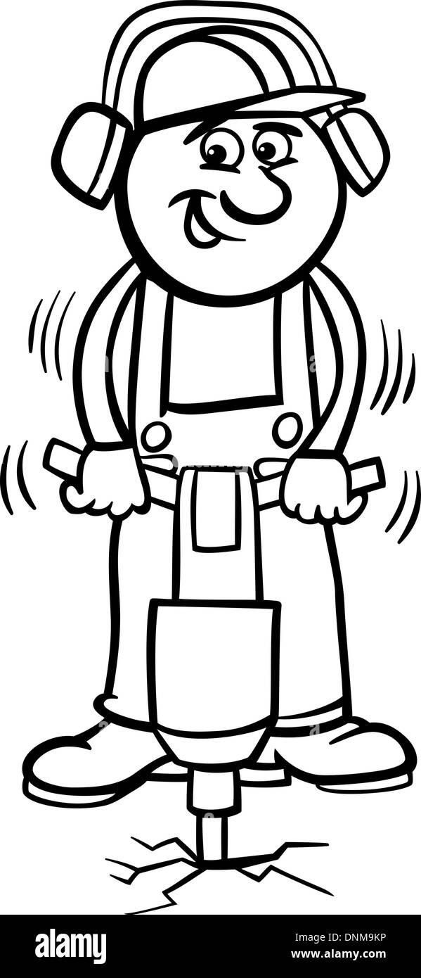 Schwarz / Weiß Cartoon Illustration des Mannes oder Arbeiter mit Presslufthammer für Kinder Malbuch Stock Vektor
