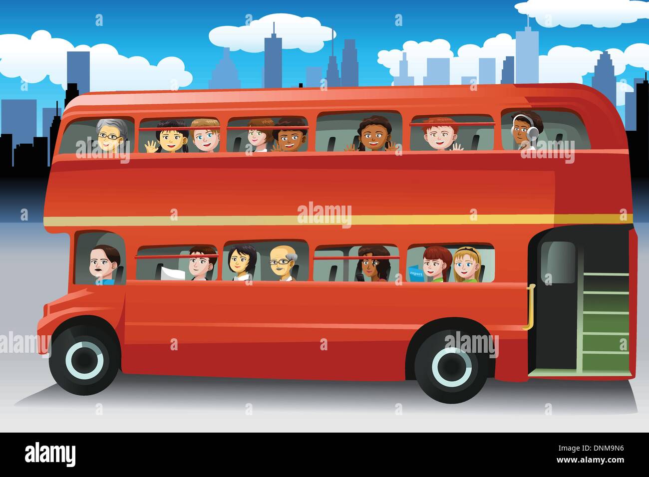 Eine Vektor-Illustration von verschiedenen Menschen mit Blick aus dem Fenster eines Busses Stock Vektor