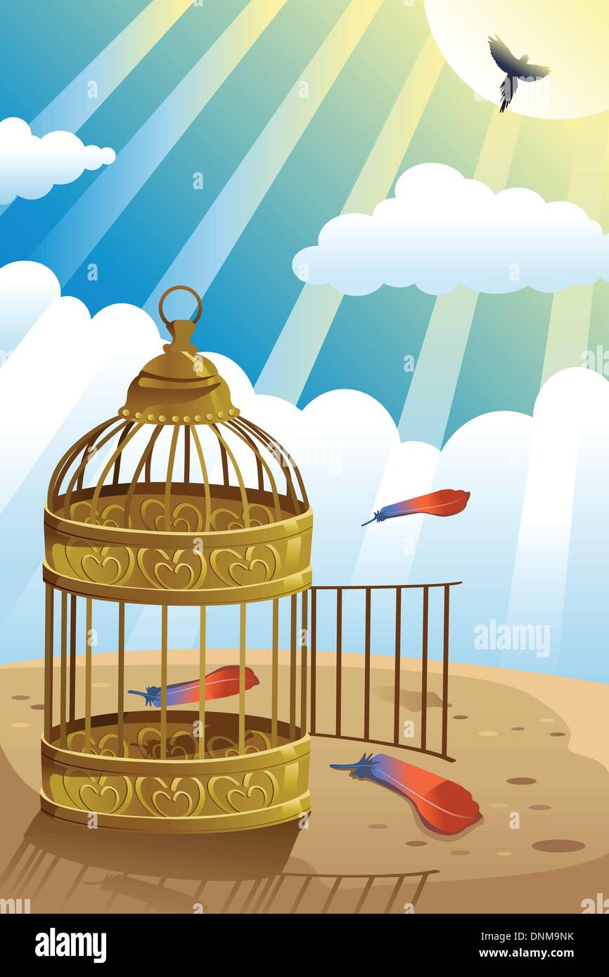 Eine Vektor-Illustration der Freigabe Vogel aus dem Käfig für Let Go oder Freiheit Konzept Stock Vektor