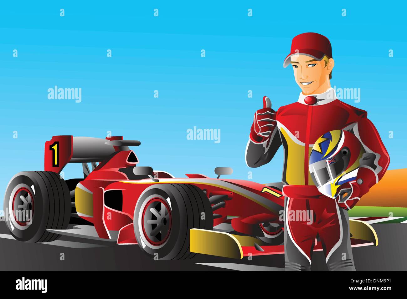 Eine Vektor-Illustration ein Rennfahrer vor seinem Auto Stock Vektor