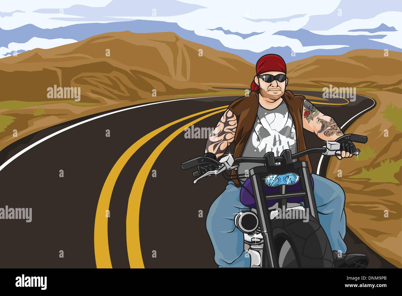Eine Vektor-Illustration der Biker mit Tattoo auf seinem Motorrad fahren Stock Vektor