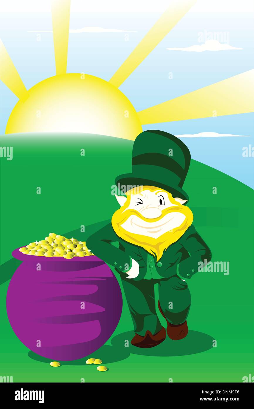Eine Vektor-Illustration ein Kobold mit Topf voll Gold feiert St. Patrick day Stock Vektor
