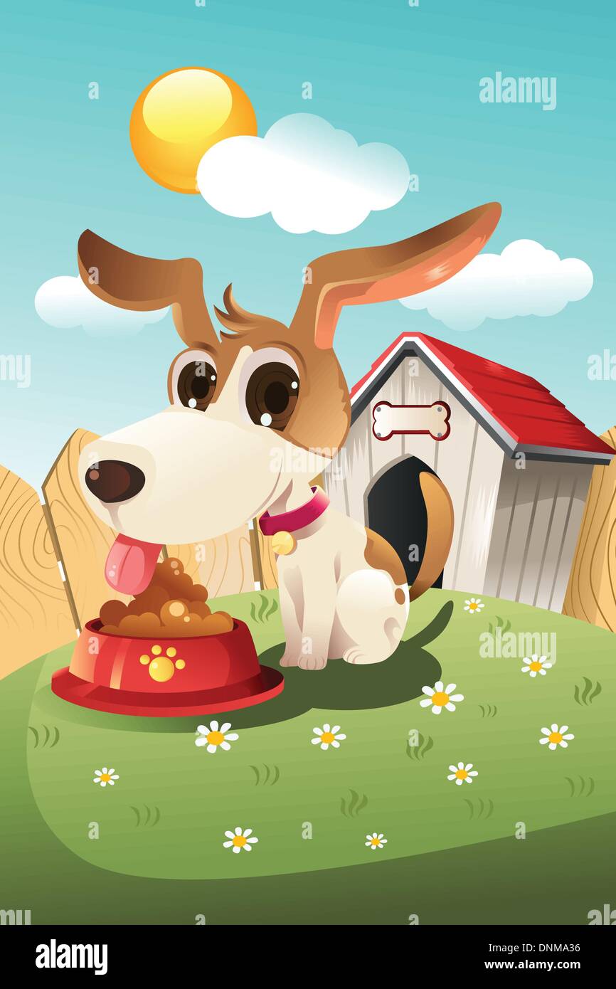 Eine Vektor-Illustration eines Hundes essen vor der Hundehütte Stock Vektor