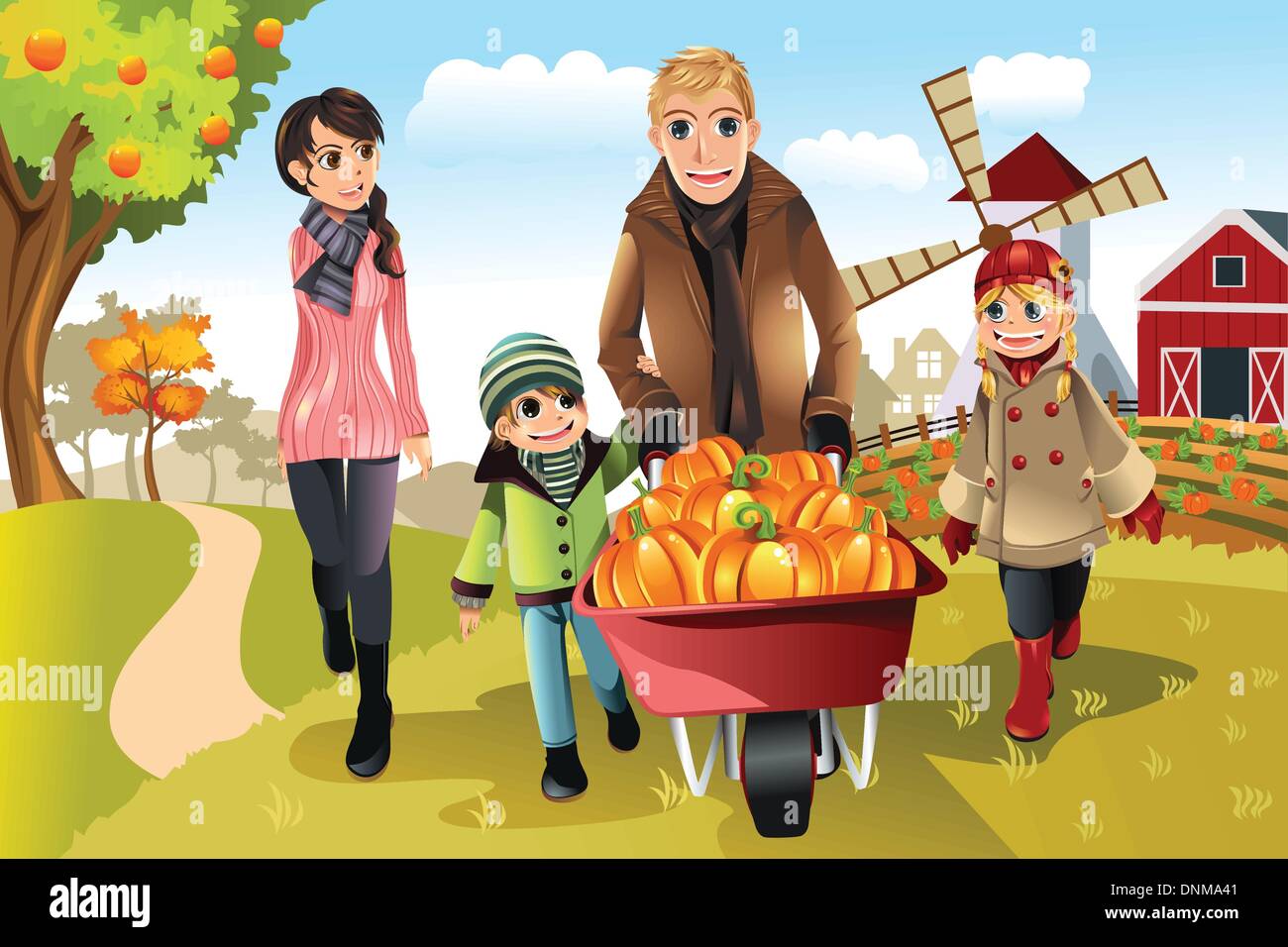 Eine Vektor-Illustration einer glücklichen Familie Kürbisbeet unterwegs im Herbst oder im Herbst Saison Stock Vektor