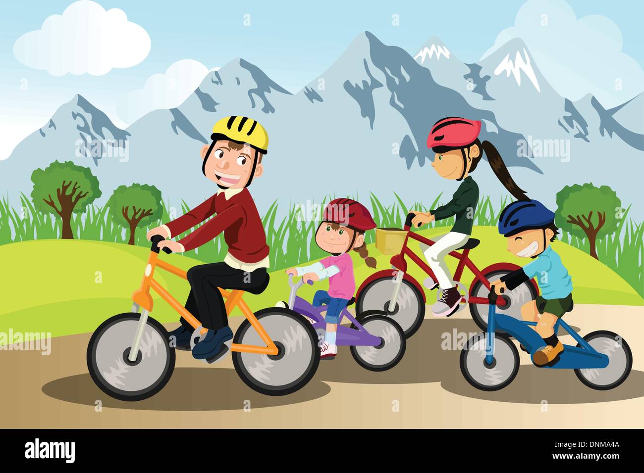 Eine Vektor-Illustration einer Familie Radfahren zusammen in einer ländlichen Gegend Stock Vektor