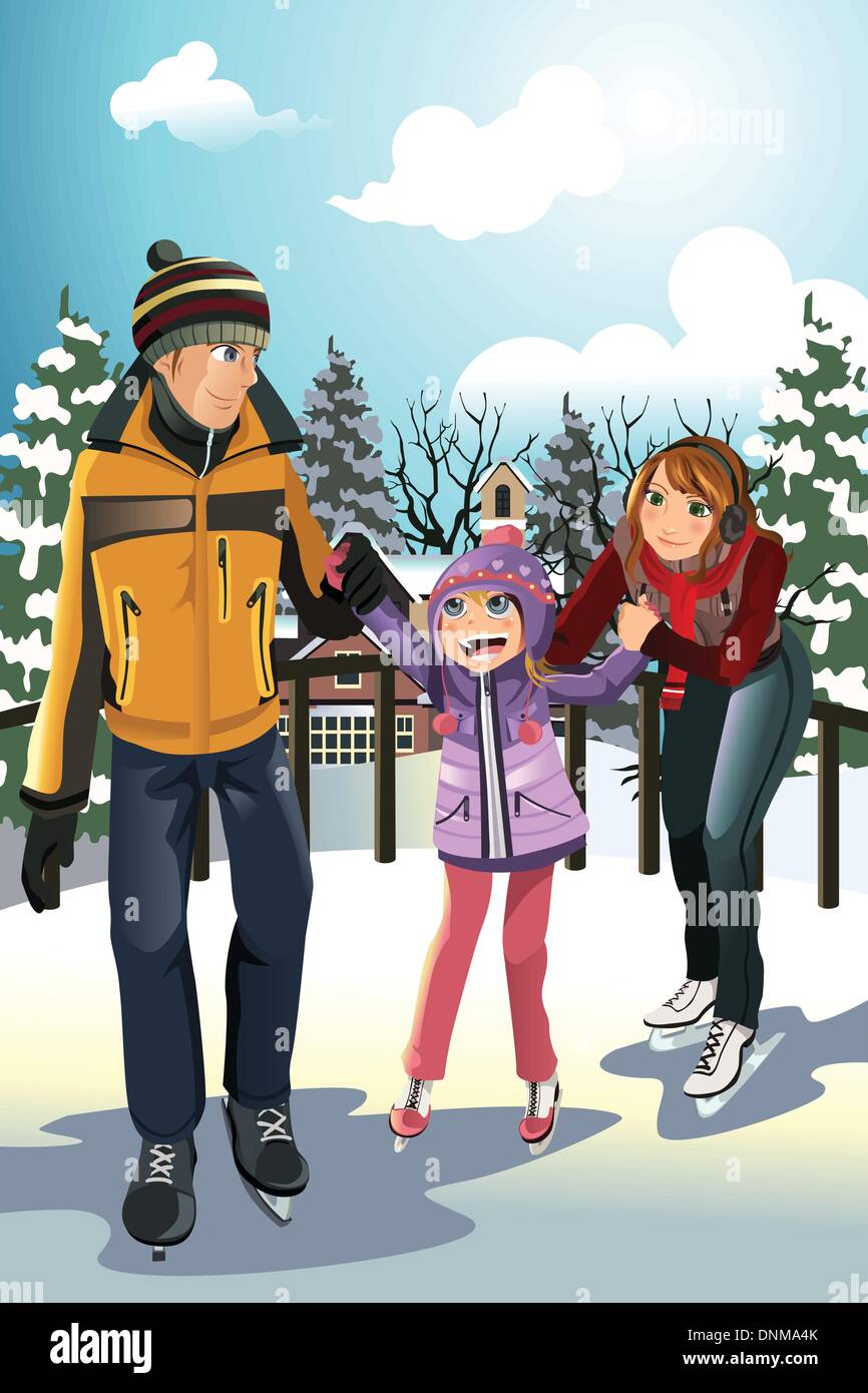 Eine Vektor-Illustration einer Familie spielen Eislaufen im Freien während der Wintersaison Stock Vektor