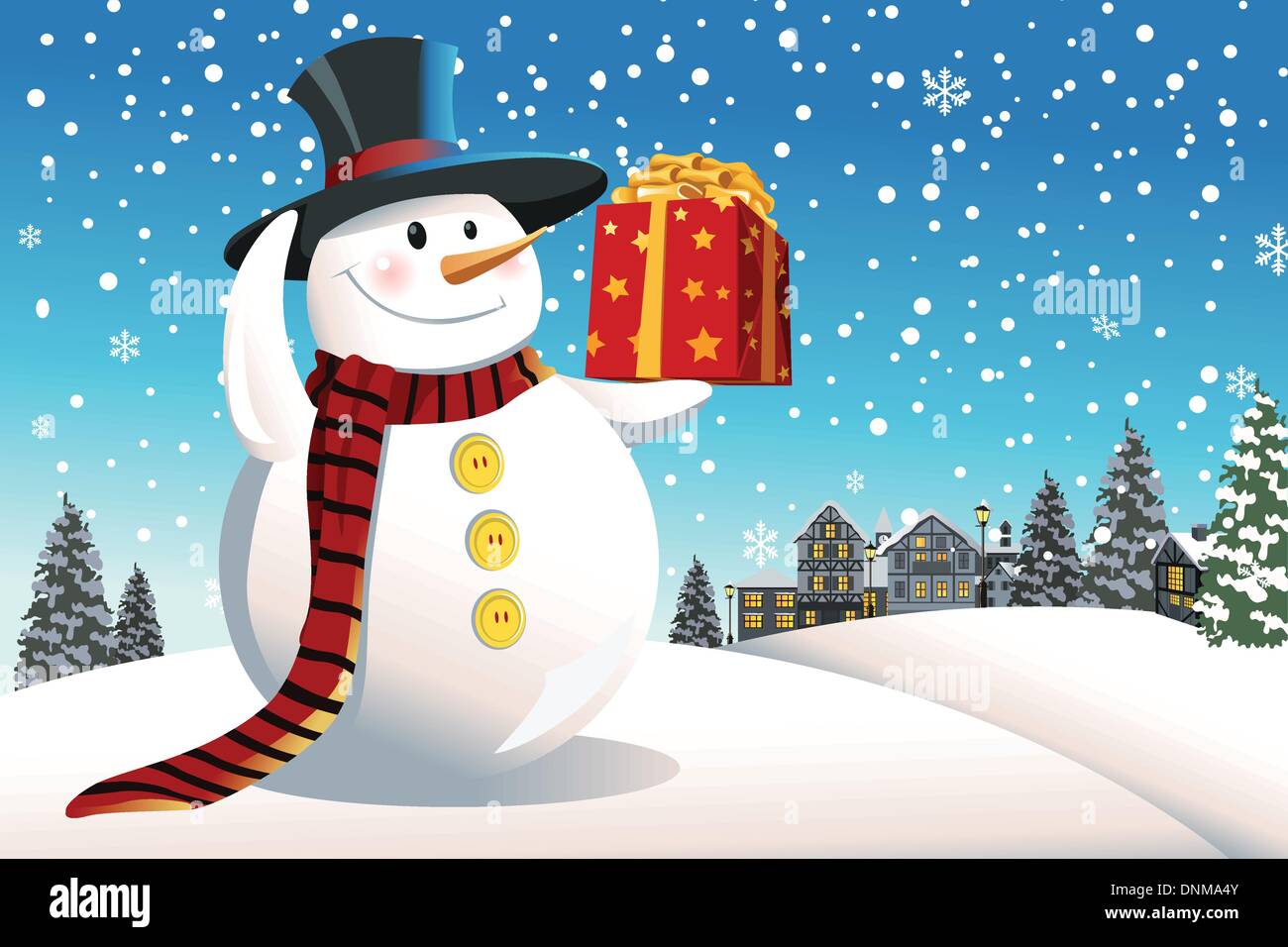 Eine Vektor-Illustration eines Schneemannes hält ein Weihnachtsgeschenk Stock Vektor