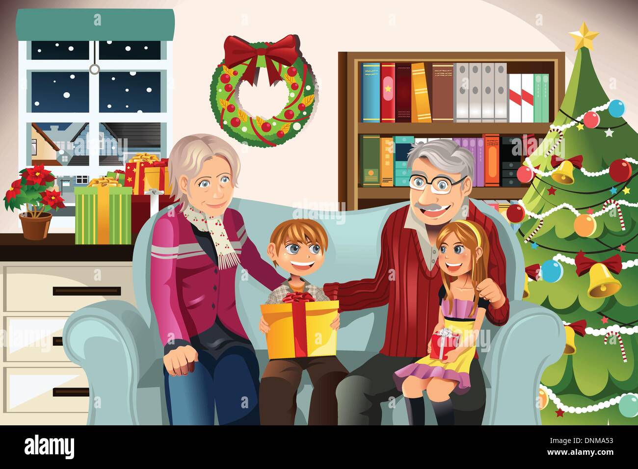 Eine Vektor-Illustration von Großeltern ihren Enkeln Weihnachtsgeschenke verleihen Stock Vektor