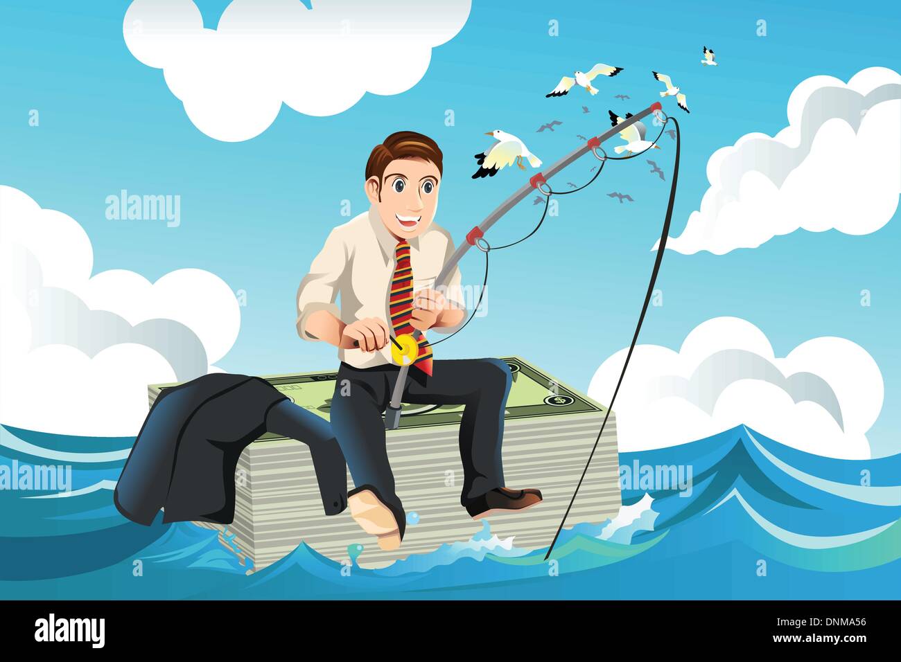 Eine Vektor-Illustration der Finanzen Geschäftskonzept mit einem Geschäftsmann sitzt oben auf einem Stapel von Geld Angeln für Geld in die Stock Vektor