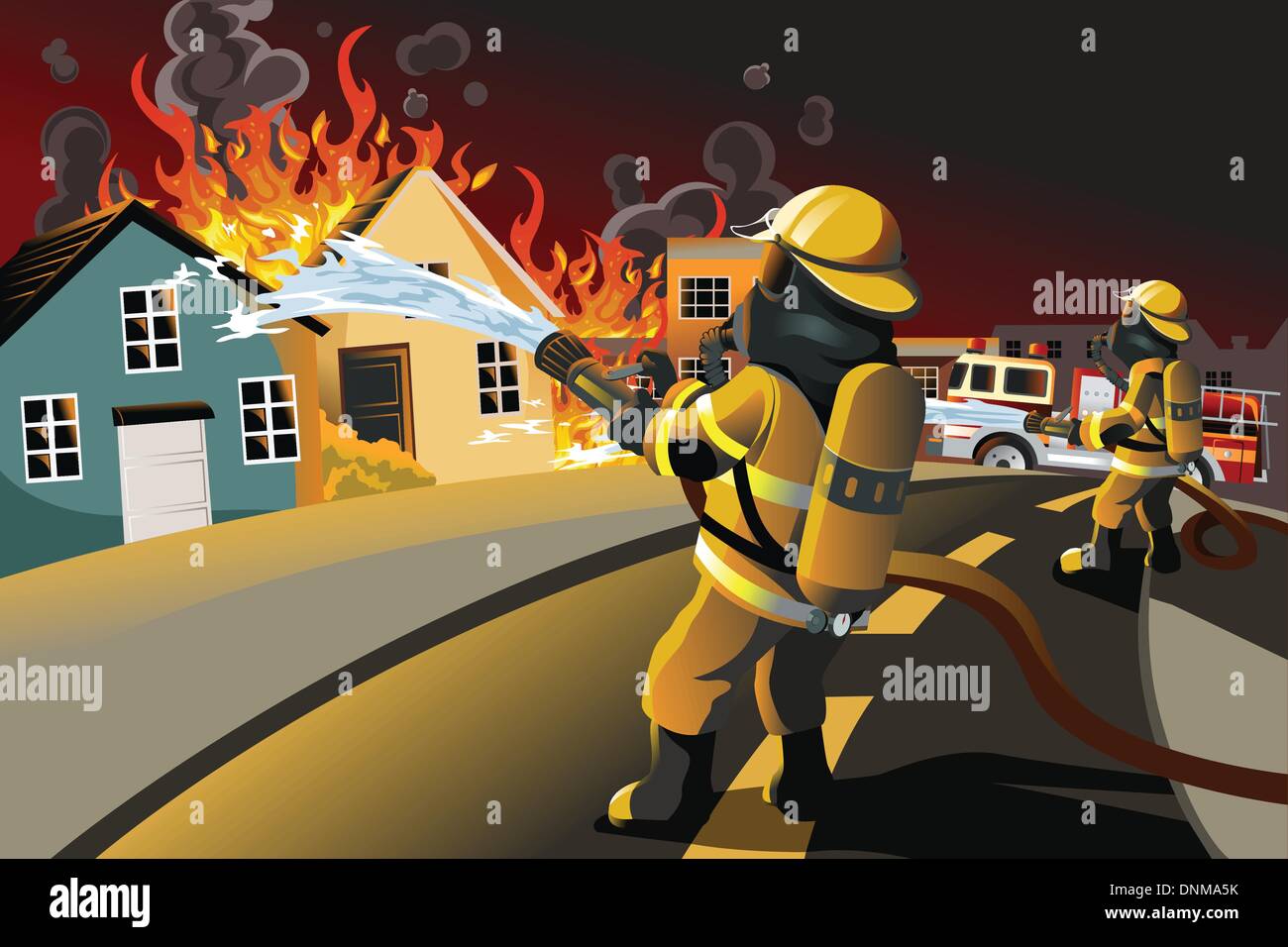 Eine Vektor-Illustration der Feuerwehr löschte brennende Häuser versucht Stock Vektor