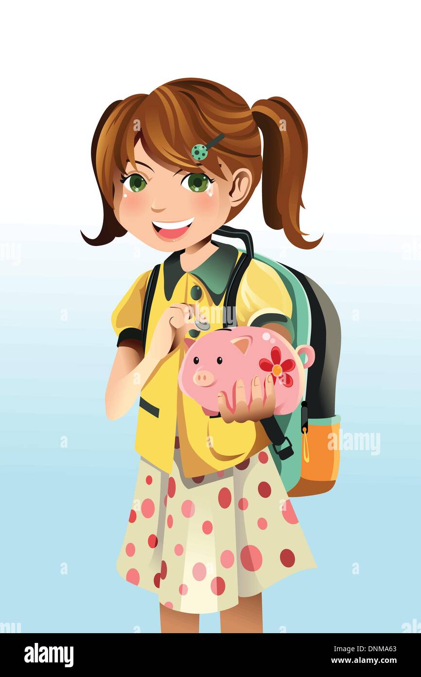 Eine Vektor-Illustration eines Schülers in ein Sparschwein Geld sparen Stock Vektor