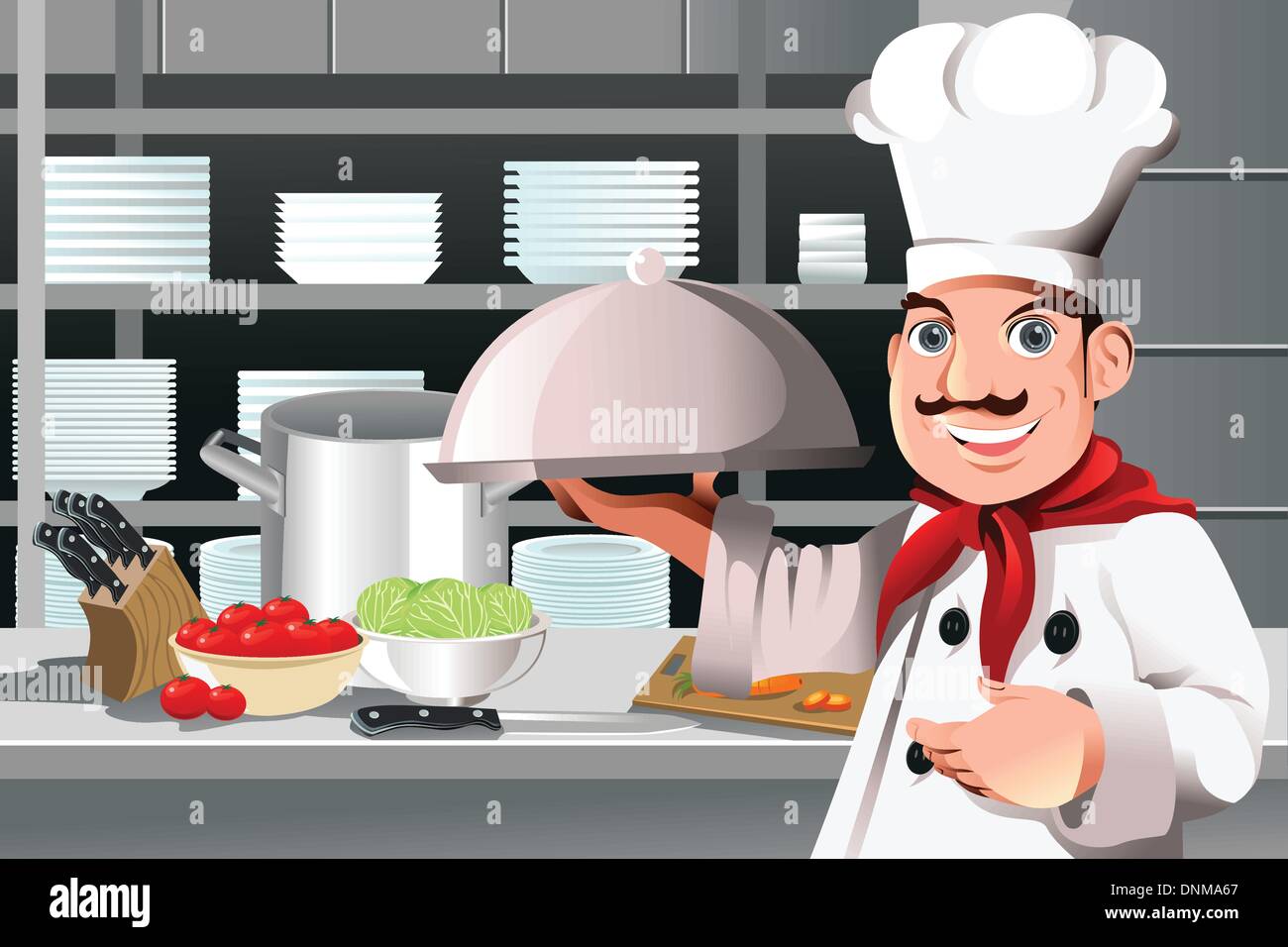 Eine Vektor-Illustration eines Restaurant-Chef hält einen Teller mit Essen Stock Vektor