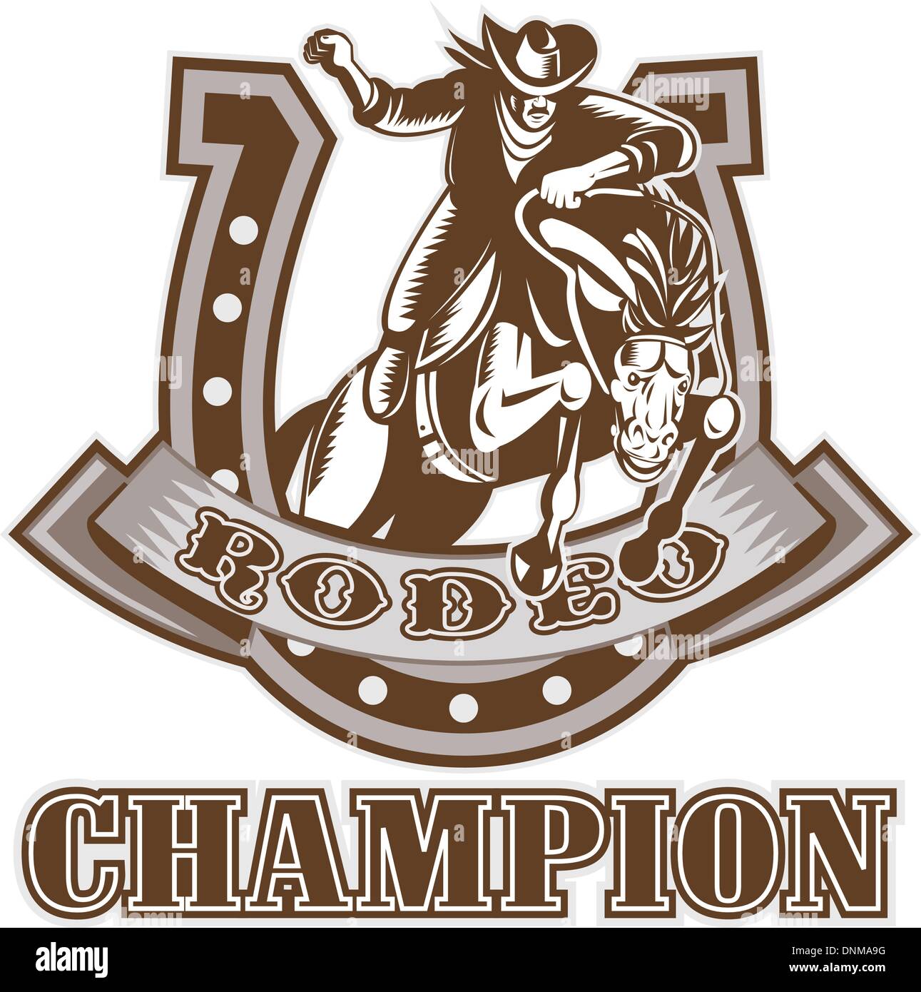 Retro-Holzschnitt Stil Illustration einer amerikanischen Rodeo Cowboys reiten bucking Bronco springen mit Hufeisen im Hintergrund und Blättern Sie mit Worten Rodeo'' Stock Vektor