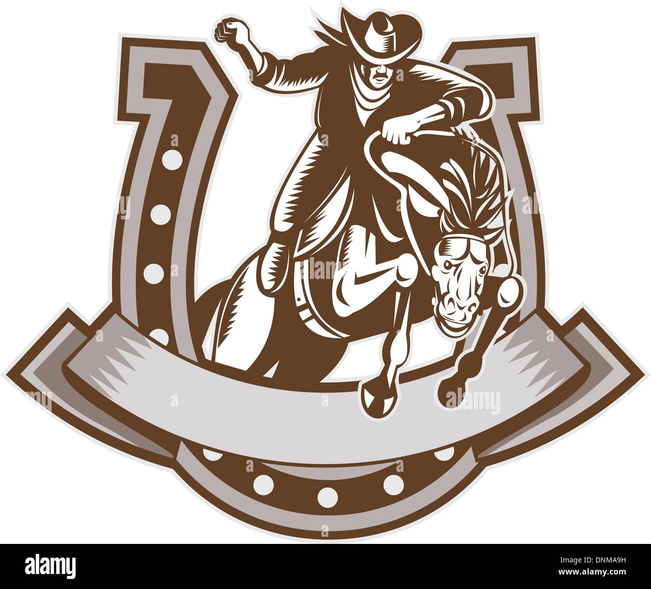 Retro-Stil Illustration ein Rodeo Cowboy Reiten springen Bronco springen mit Hufeisen im Hintergrund und Schriftrolle im Vordergrund in Holzschnitt getan. Stock Vektor