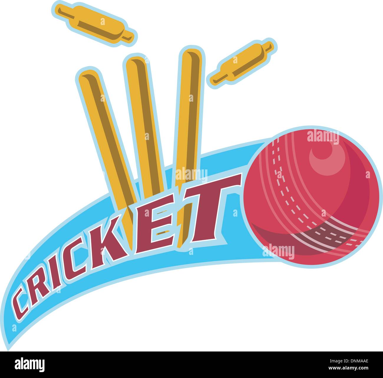Beispiel für ein Cricketball trifft bowling über Wicket mit Worten "Cricket" Stock Vektor