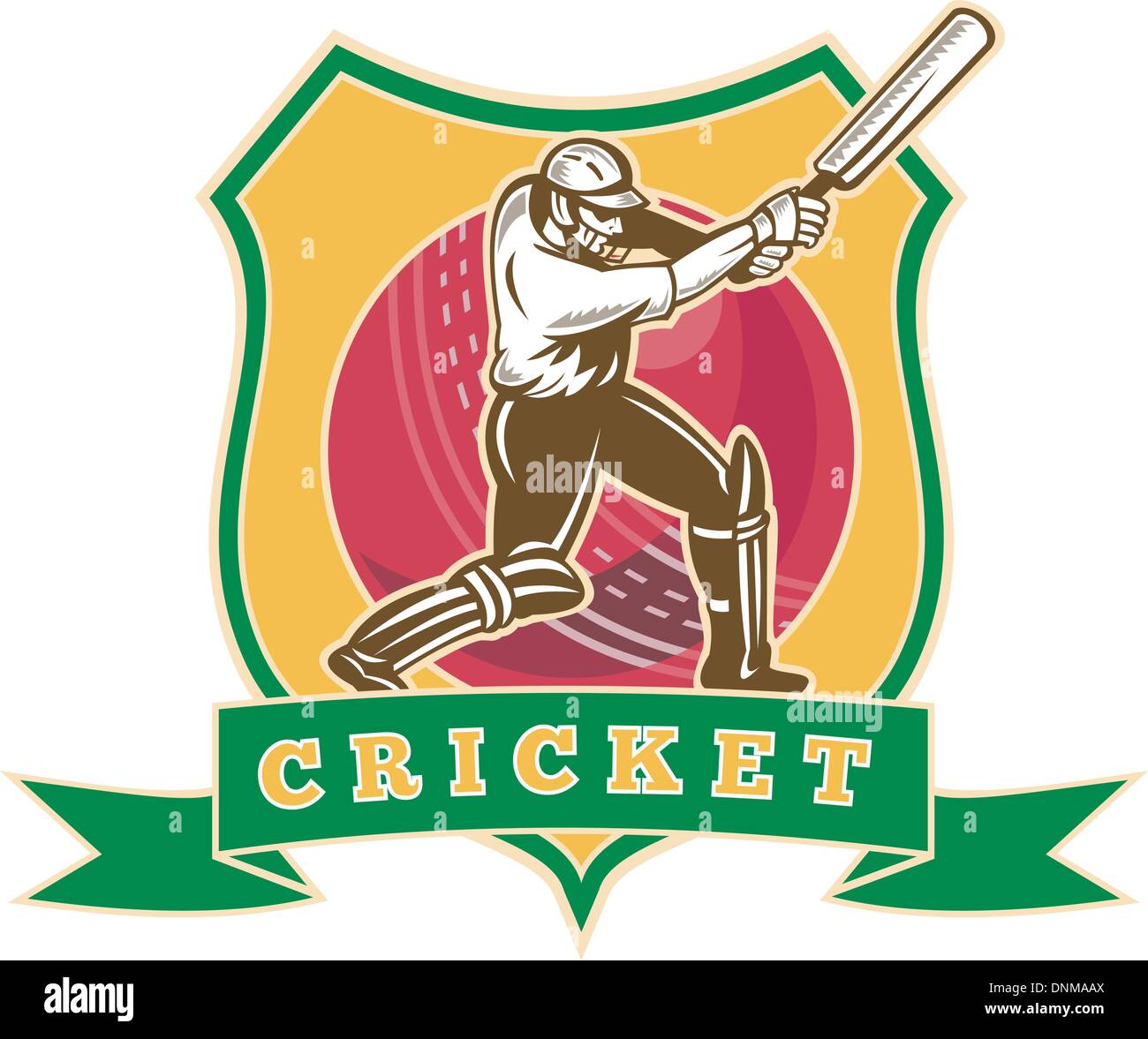 Außenillustration ein Cricket-Sport-Schlagmann mit der Wimper angesehen von vorne mit Kricket Kugel in der Mitte und Schild mit Worten Cricket' getan im retro-Stil " Stock Vektor