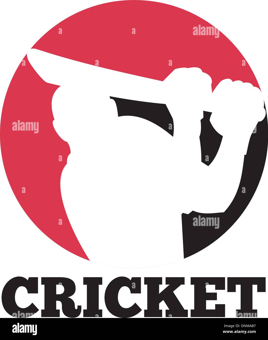 Beispiel für ein Cricket-Sport-Schlagmann mit der Wimper betrachtet von vorne mit Cricketball in die Mitte und Worte "Cricket" Stock Vektor