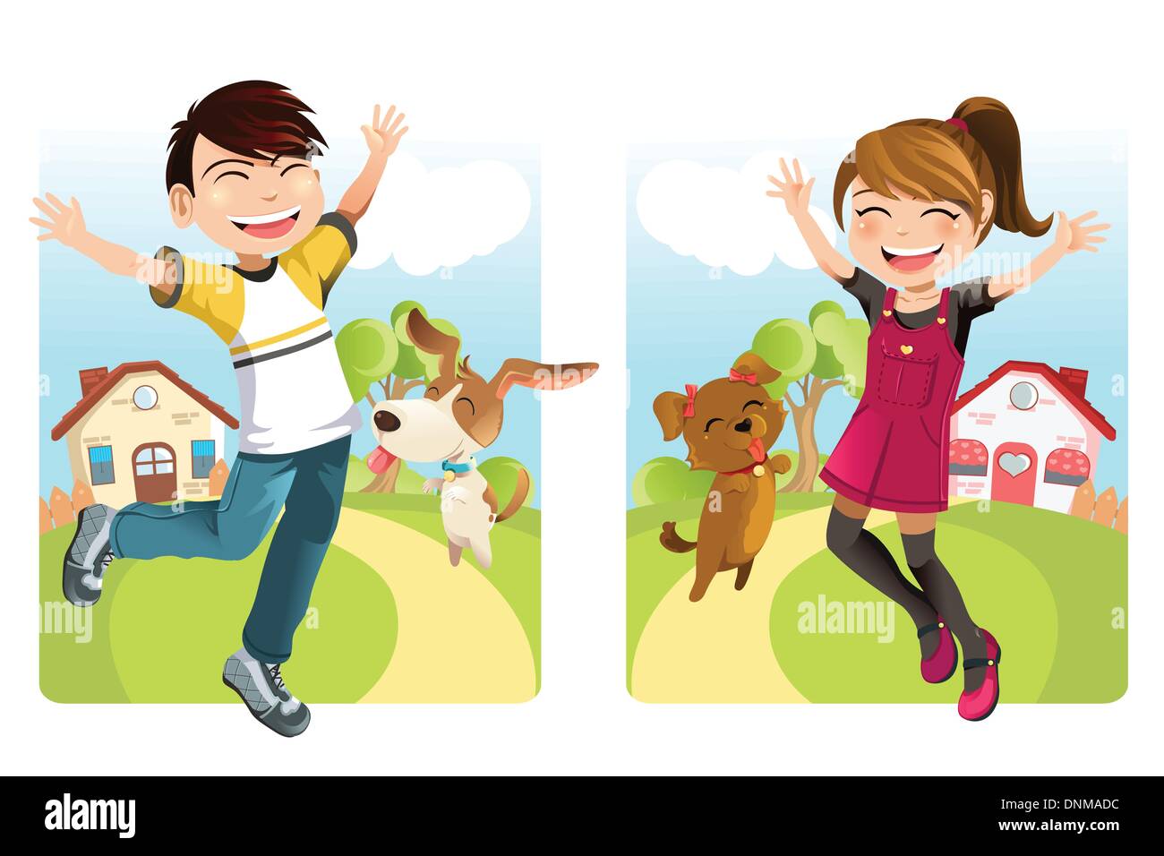 Eine Vektor-Illustration eines jungen und ein Mädchen mit einem Hund Stock Vektor