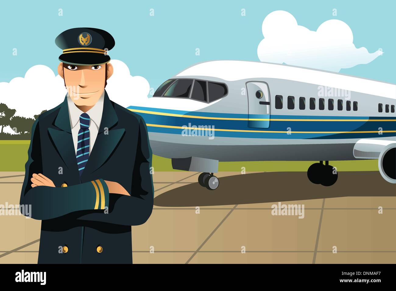 Eine Vektor-Illustration eines Flugzeug-Piloten vor dem Flugzeug am Flughafen Stock Vektor