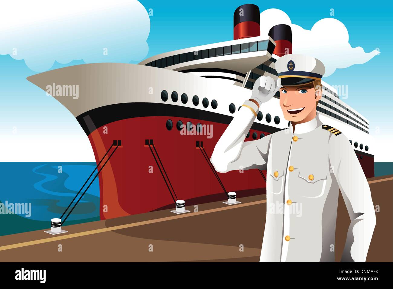 Eine Vektor-Illustration eines Matrosen vor ein großes Schiff in den Hafen geparkt Stock Vektor