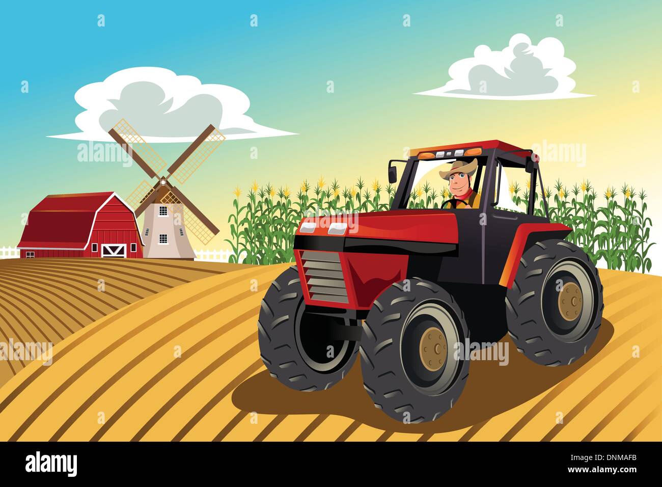 Eine Vektor-Illustration eines Landwirts Reiten einen Traktor in seiner Farm arbeiten Stock Vektor