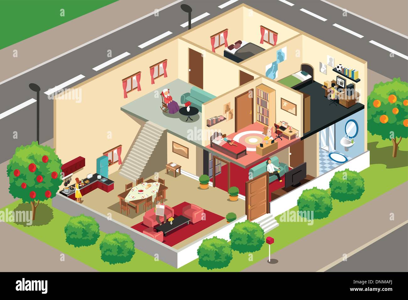 Eine Vektor-Illustration von Menschen, die Aktivitäten in ihrem Haus Stock Vektor
