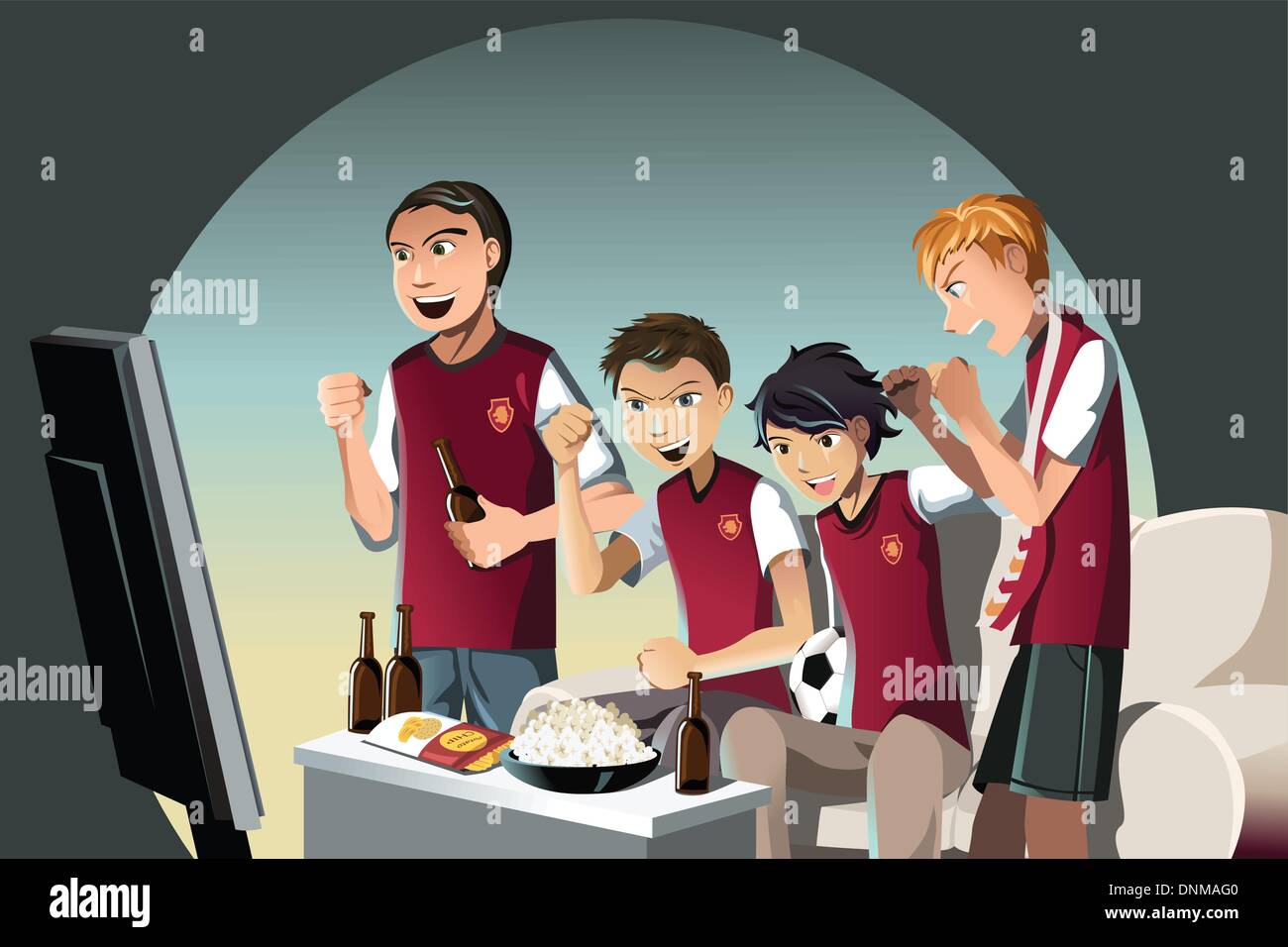 Eine Vektor-Illustration von Fußball-Fans das Spiel im Fernsehen beobachten Stock Vektor