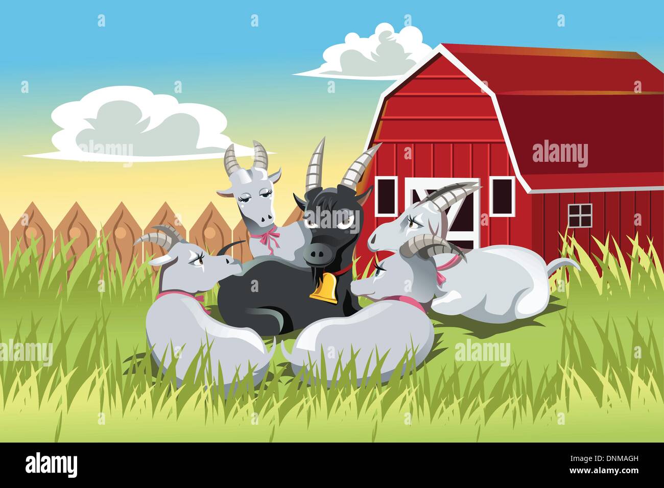 Eine Vektor-Illustration von einem Ziegenbock, umgeben von weiblichen Ziegen in einer farm Stock Vektor