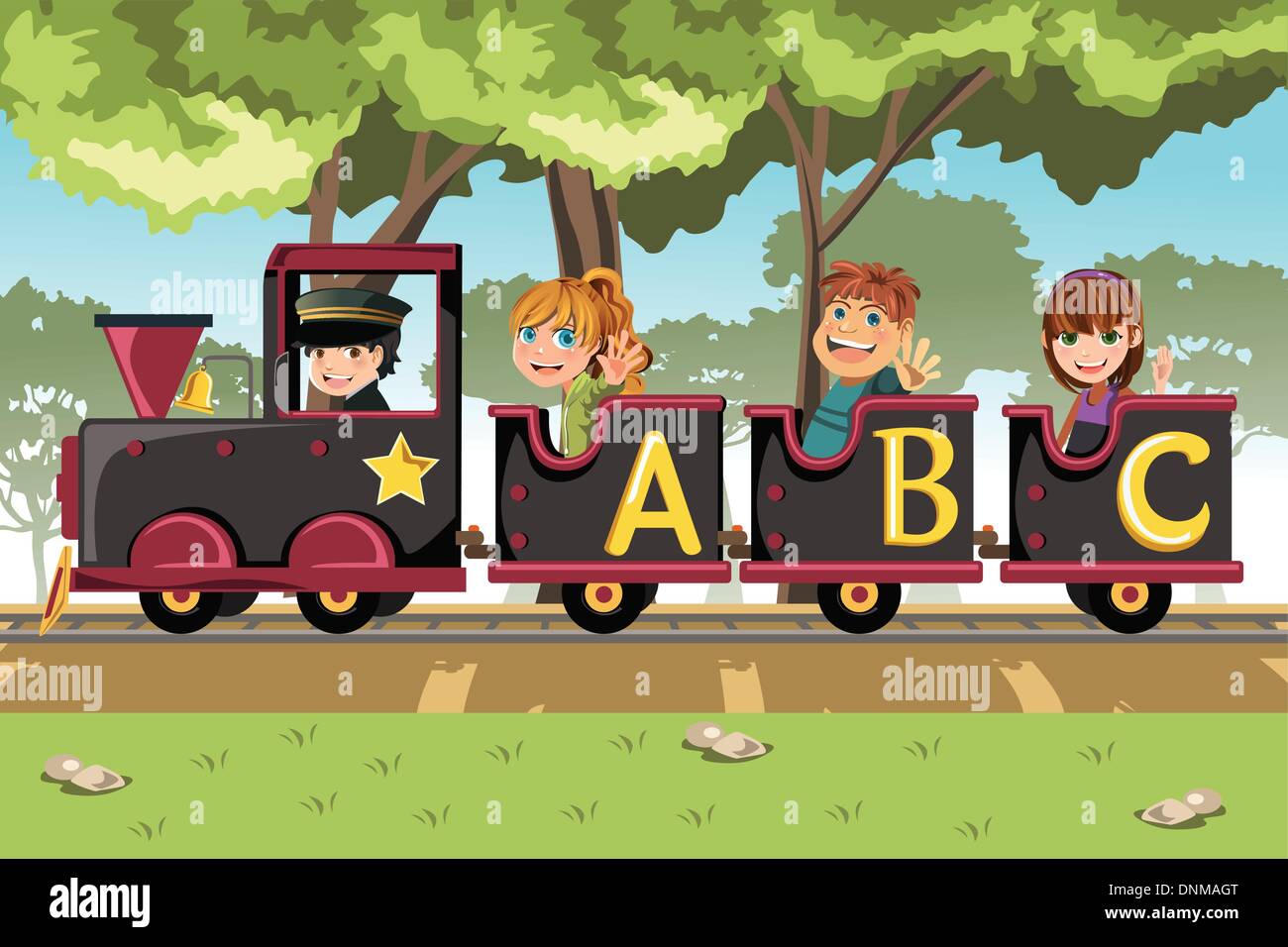 Eine Vektor-Illustration von einer Gruppe von Kindern reiten einen Alphabet Zug Stock Vektor