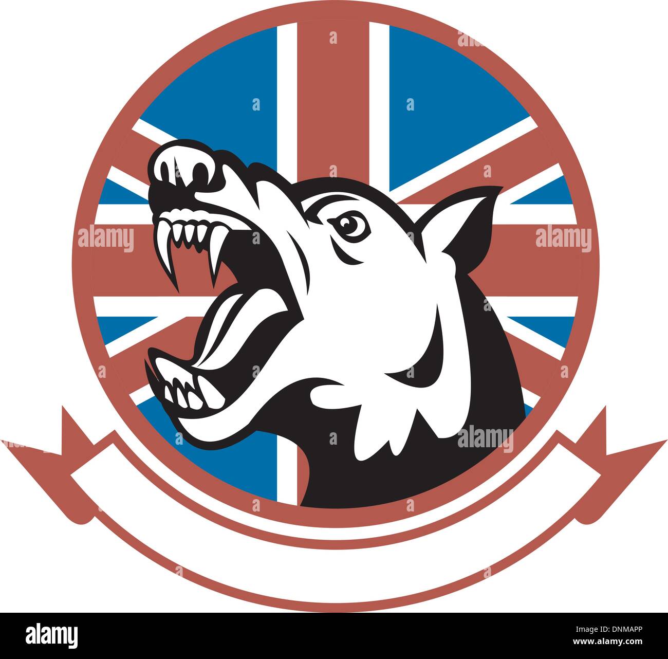 Beispiel für ein wütend ausgebildeter Wachhund mit britischer Flagge im Hintergrund Stock Vektor