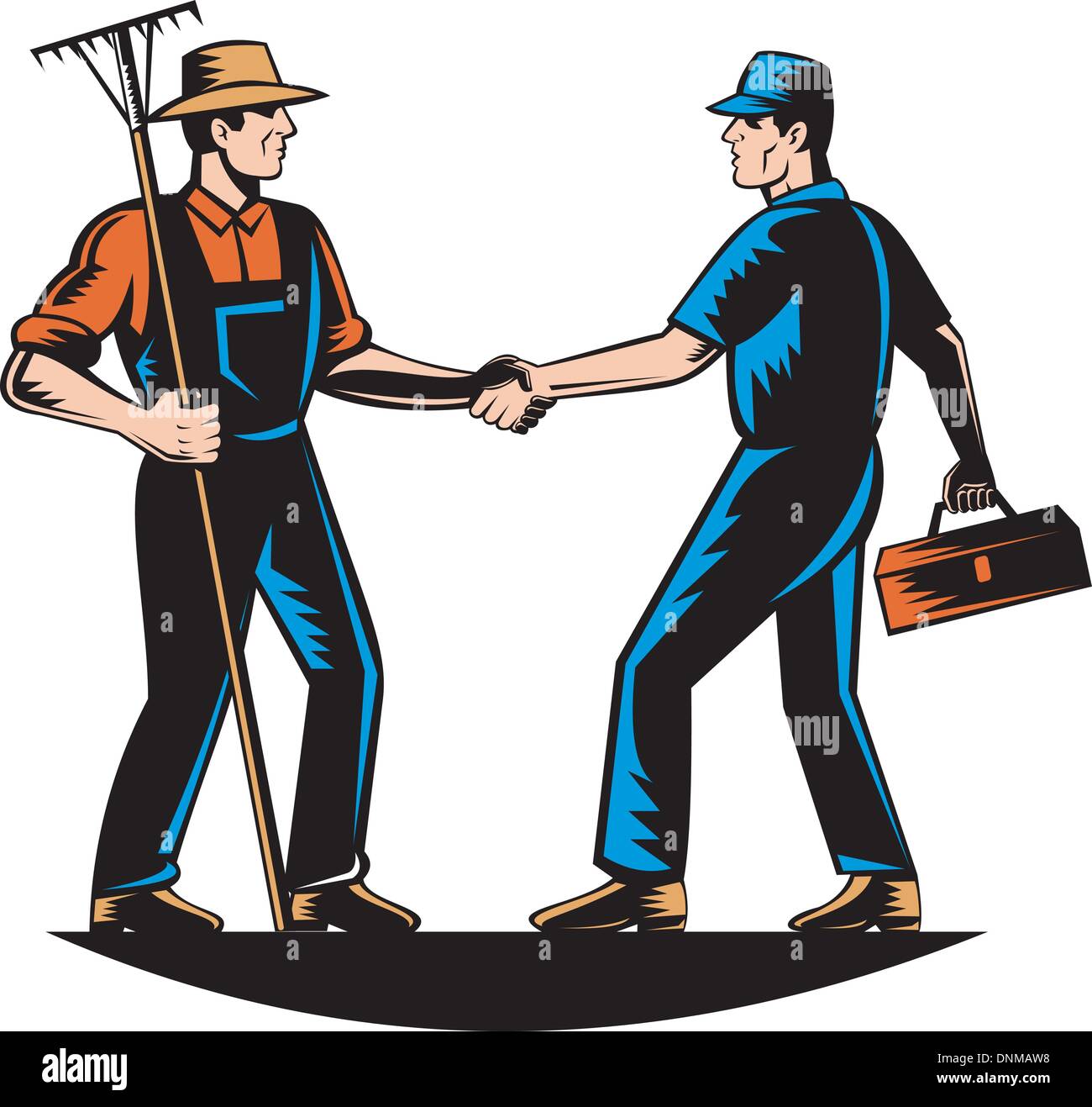 Vektor-Illustration ein Bauer und ein Handwerker, Mechaniker, Klempner oder Heimwerker Händeschütteln Stock Vektor