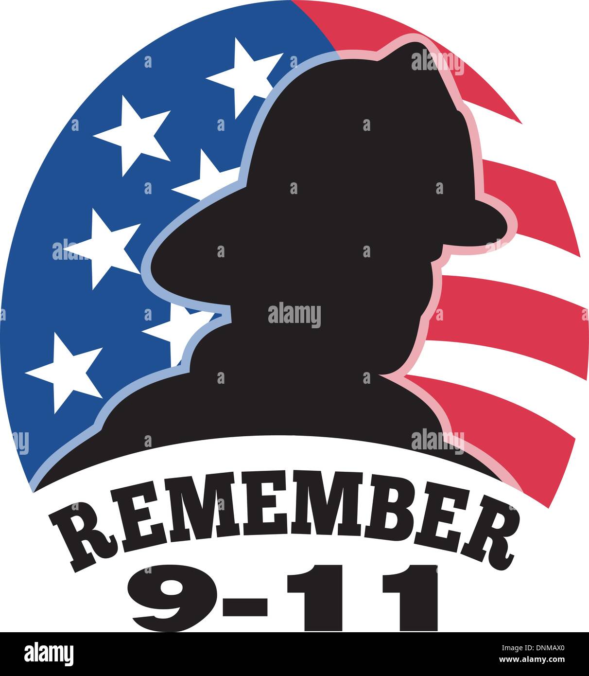 Abbildung einer Feuerwehrmann Feuerwehrmann Silhouette mit amerikanischen Stars und Stripes Flagge im Hintergrund und die Worte "denken Sie daran, 9-11' Stock Vektor