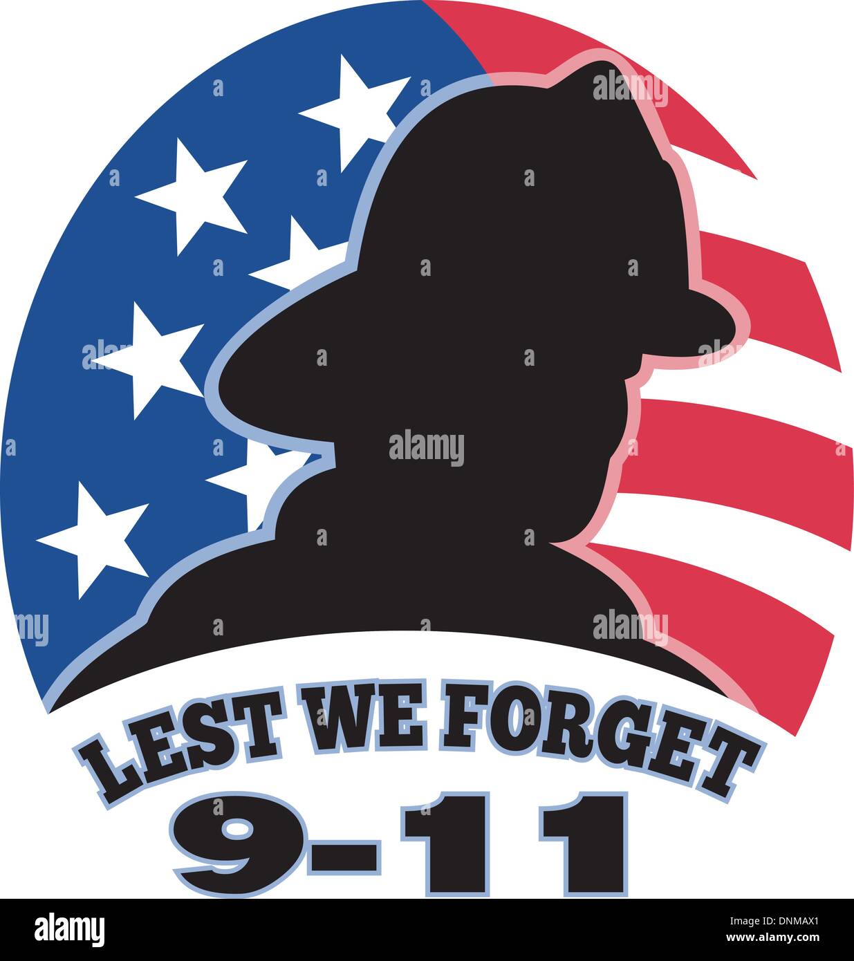 Abbildung einer Feuerwehrmann Feuerwehrmann Silhouette mit amerikanischen Stars und Stripes Flagge im Hintergrund und Worte nicht zu vergessen 9-11'' Stock Vektor