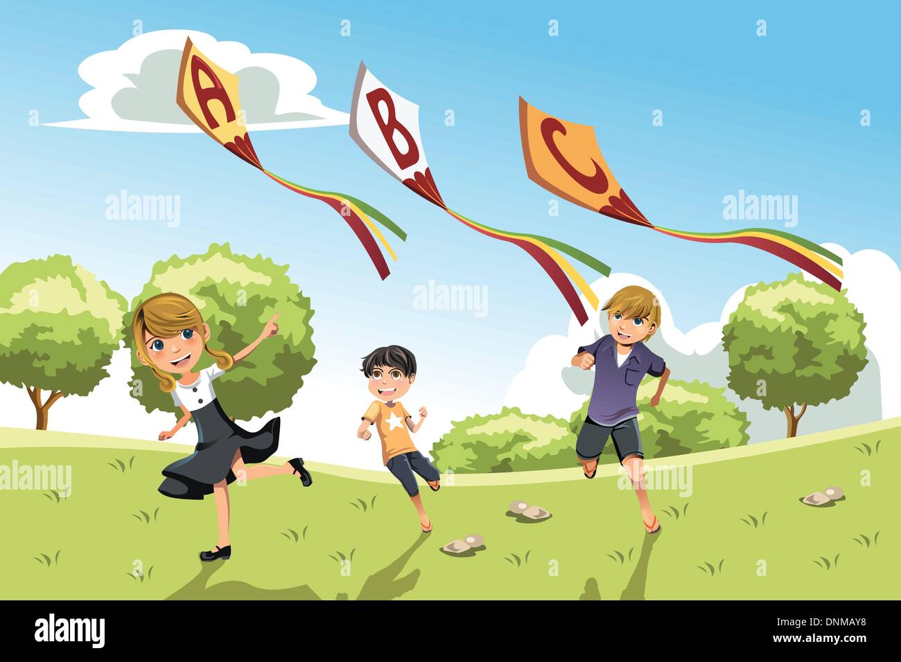 Eine Vektor-Illustration von drei Kindern in einem Park mit Alphabet Drachen spielen Stock Vektor