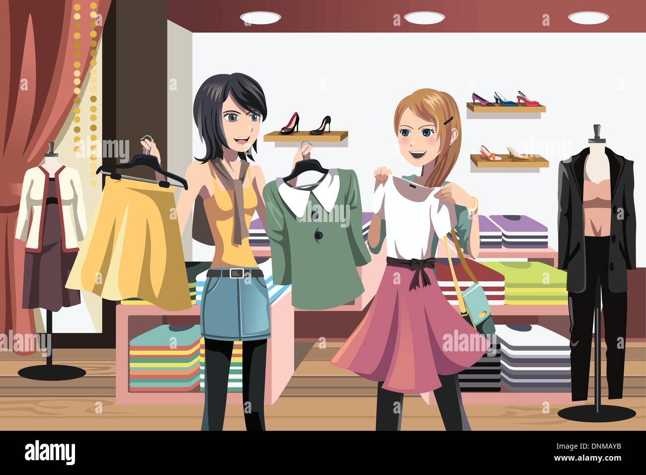 Eine Vektor-Illustration von Frauen in einem Bekleidungsgeschäft einkaufen Stock Vektor