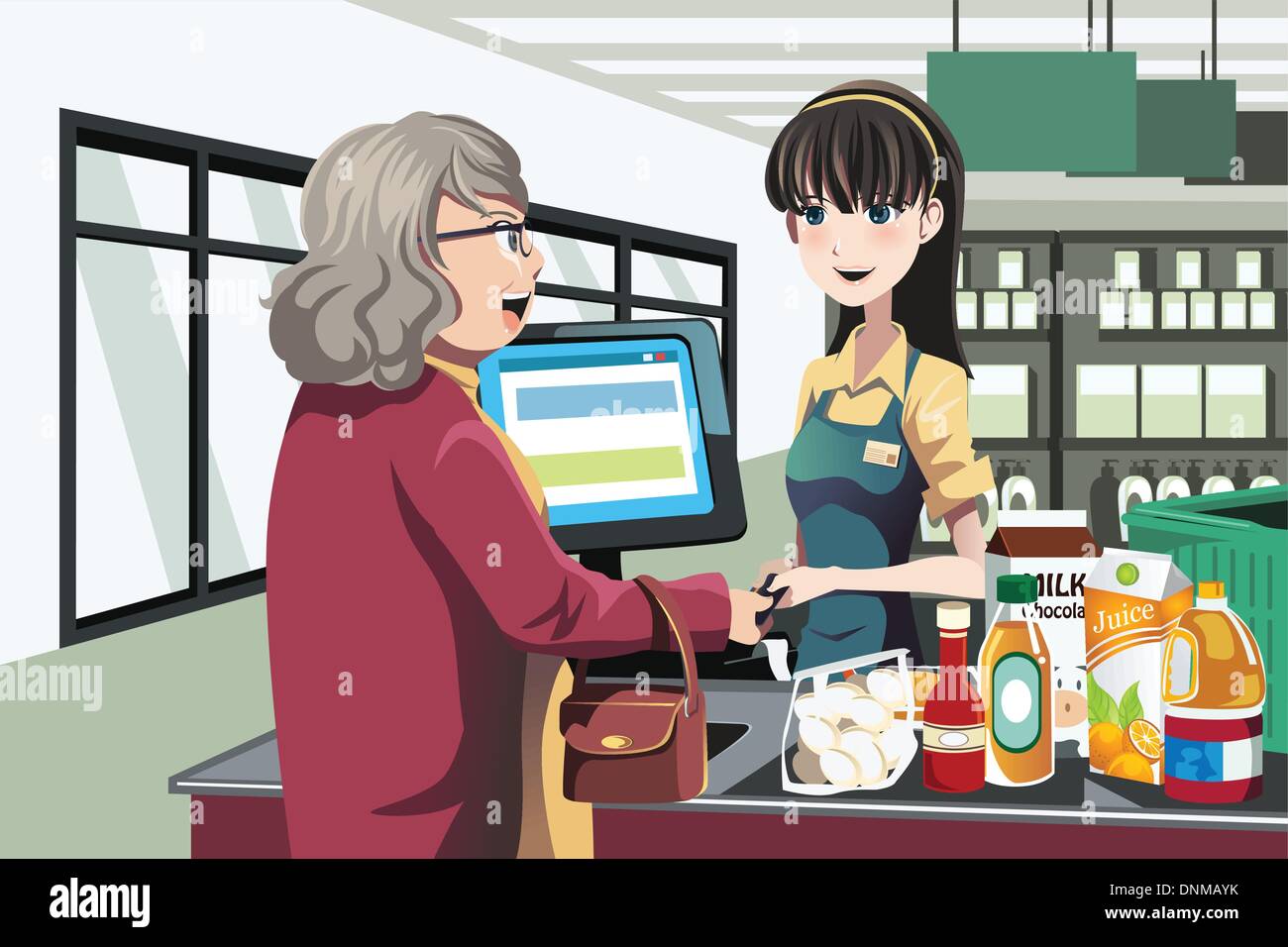 Eine Vektor-Illustration einer Dame in einem Lebensmittelgeschäft Einkaufen Stock Vektor