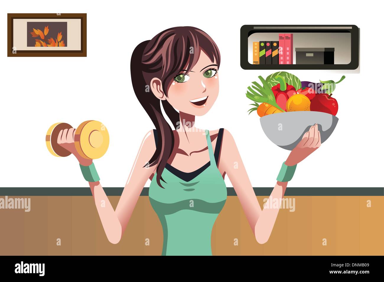 Eine Vektor-Illustration eines schönen Mädchens halten eine Kurzhantel und eine Schüssel mit Essen Stock Vektor