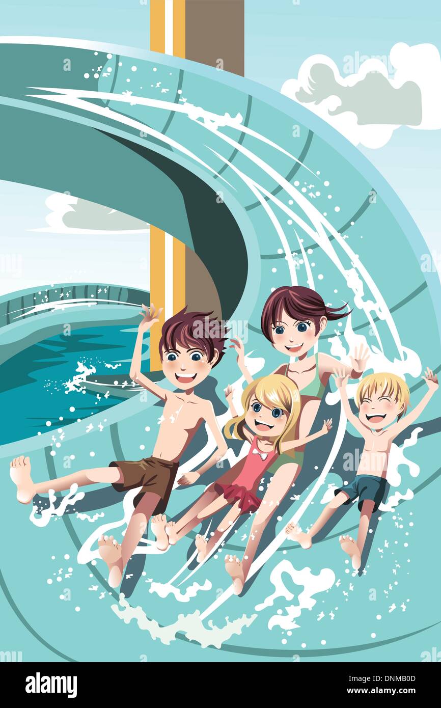 Eine Vektor-Illustration der Kinder haben Spaß beim Spielen Wasser gleitet in einem Wasserpark Stock Vektor