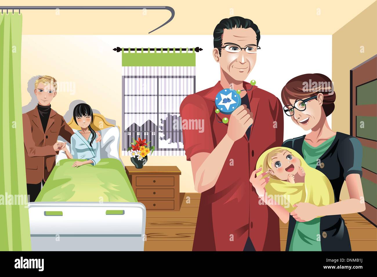 Eine Vektor-Illustration eines Neugeborenen mit Eltern und Großeltern Stock Vektor