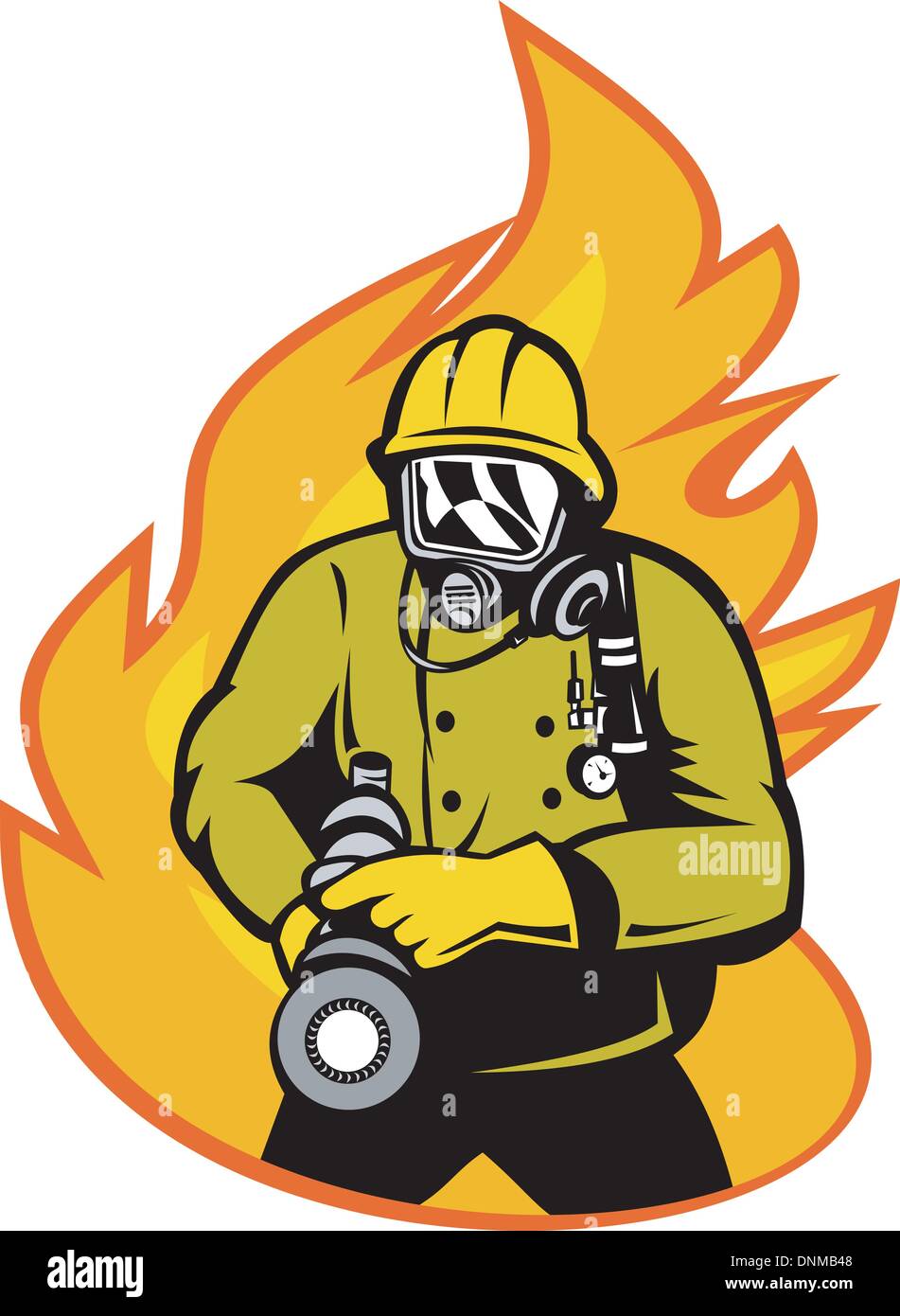 Illustration von Feuerwehrmann oder Feuerwehrmann mit Schlauch Feuer und Feuer im Hintergrund. Stock Vektor