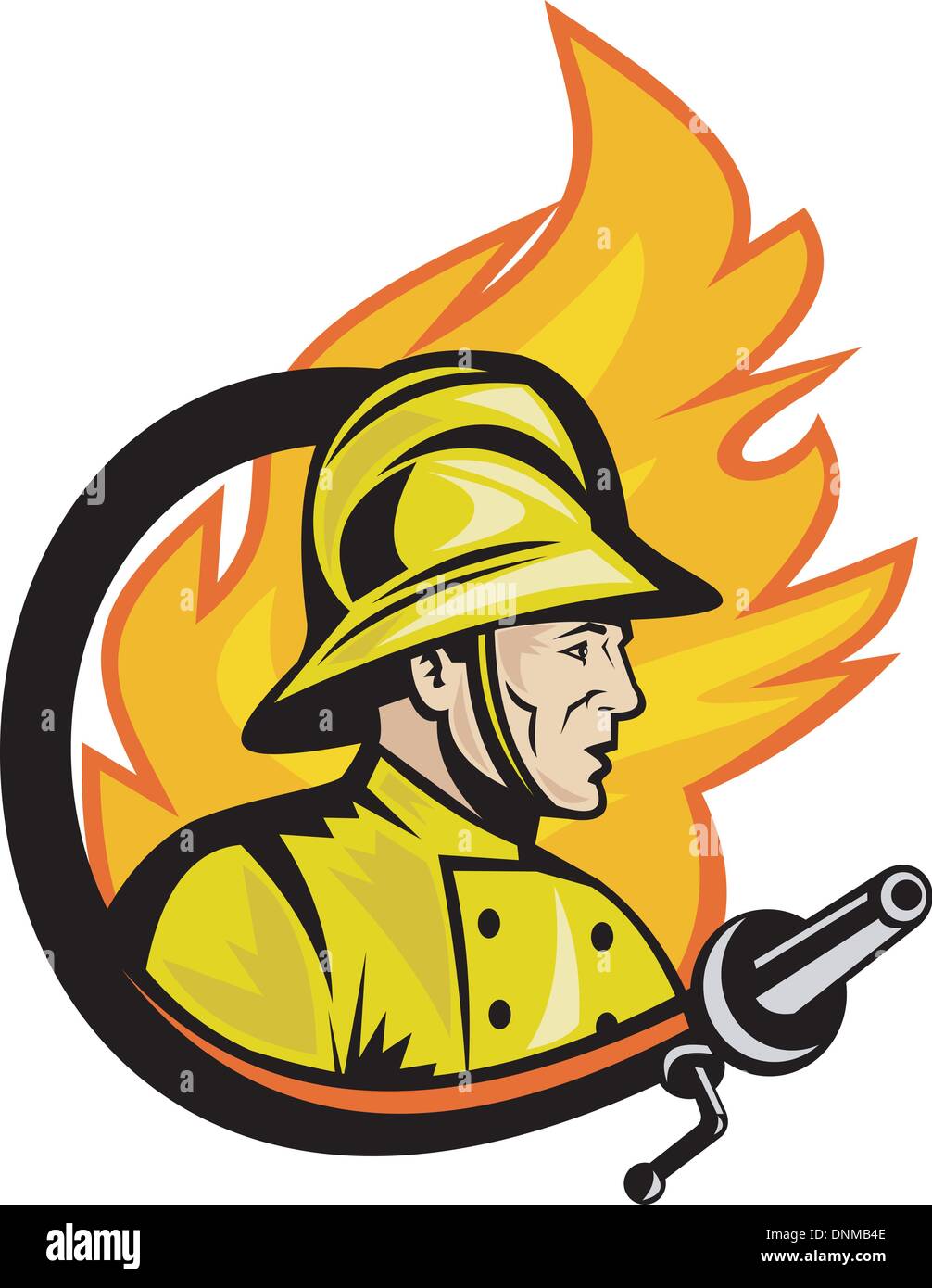Illustration von Feuerwehrmann oder Feuerwehrmann mit Schlauch Feuer und Feuer im Hintergrund. Stock Vektor
