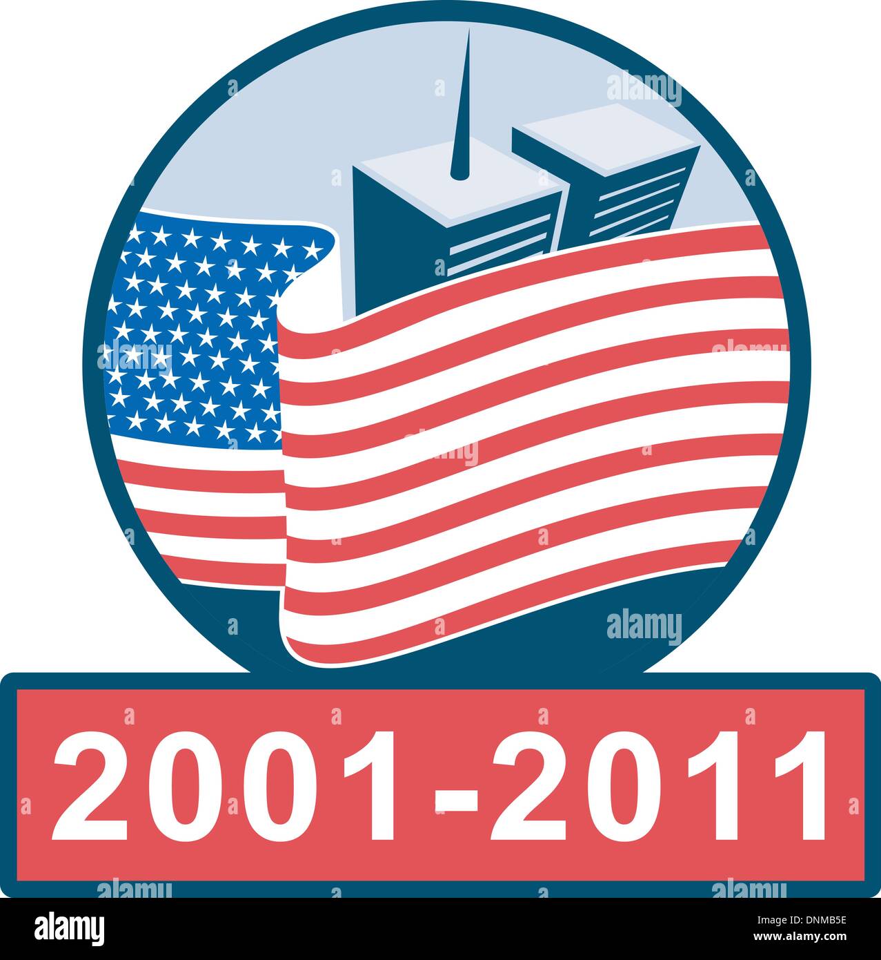Außenillustration bin entrollten amerikanische Flagge mit Welt Handel Zentrum Twin Tower-Gebäude im Hintergrund mit 2001-2011 zehn ye Stock Vektor