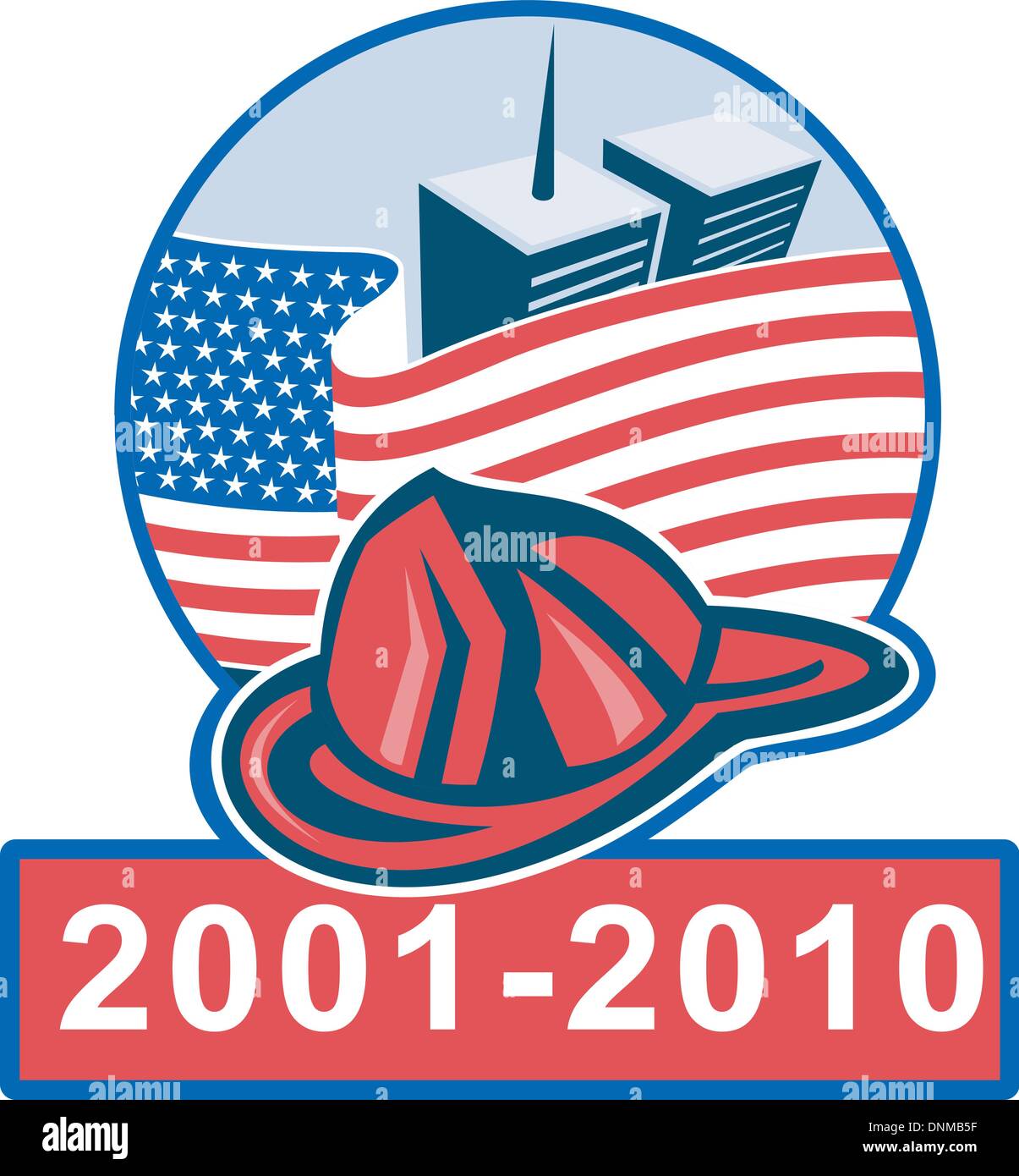 Grafikdesign Illustration des 9/11 Memorial zeigt amerikanische Flagge mit Welt Handel Zentrum Twin Tower-Gebäude im Hintergrund und Feuerwehrmann Helm Stock Vektor
