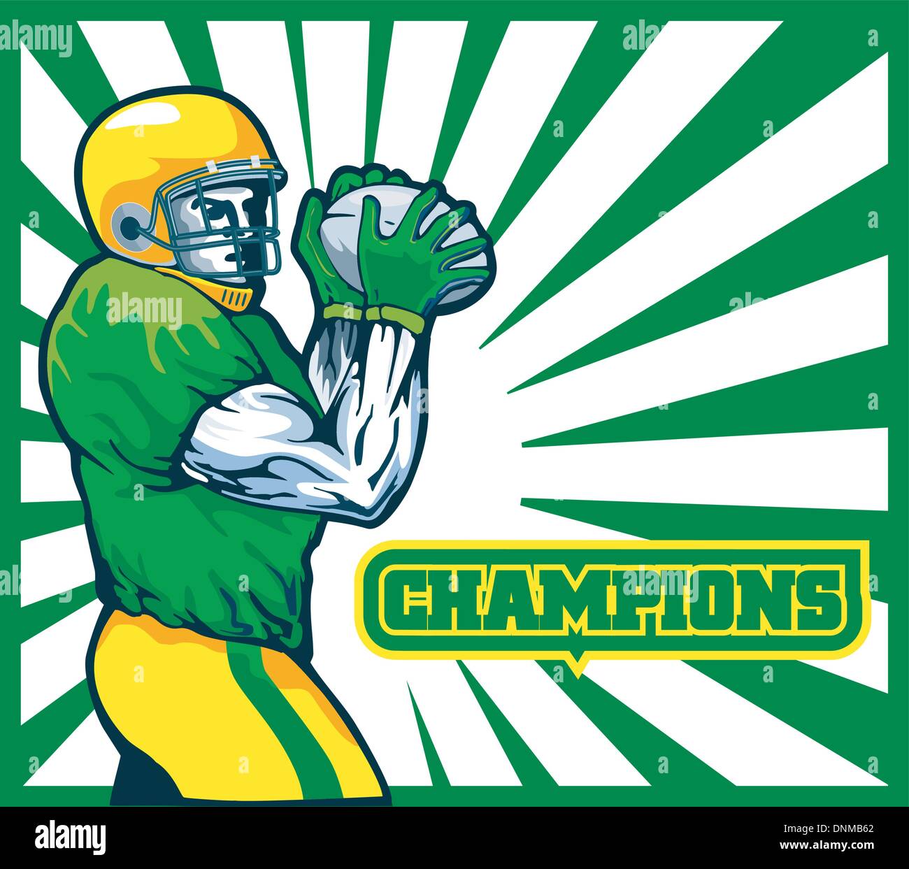 Beispiel für ein American-Football-Spieler-Quarterback zu gewinnenden Pass mit Worten "Champions" werfen Stock Vektor