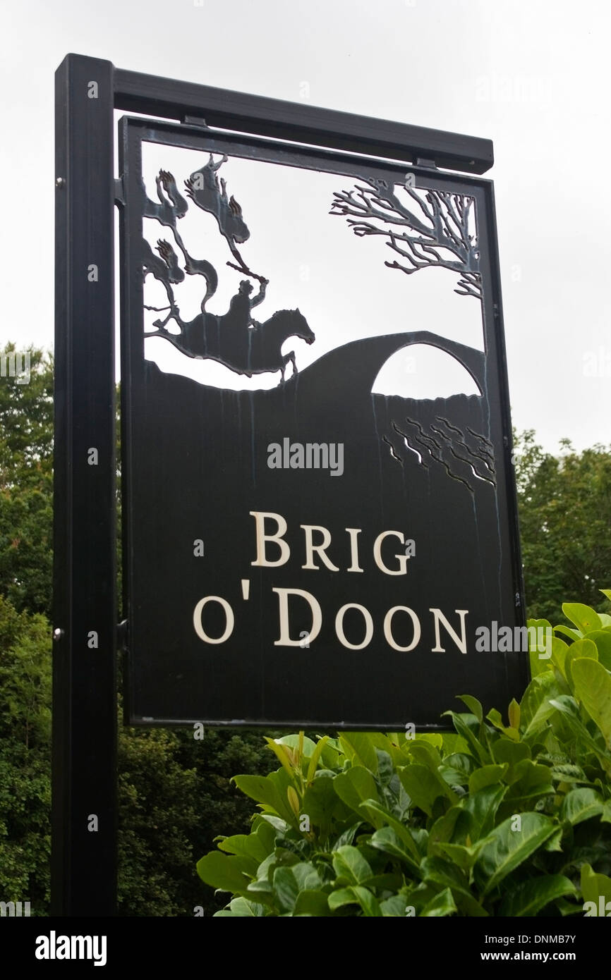 Wegweiser für die Brig o Doon ' Tam o Shanter Rennen auf seiner Stute, die Hexe zu entkommen, wie gesagt, in dem Gedicht von Robert Burns ' zeigt. Stockfoto