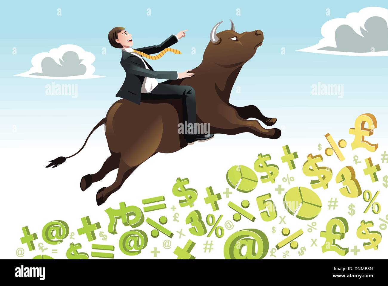 Eine Vektor-Illustration eines Geschäftsmannes, einen Stier, der auf einem Hügel hinauf reiten eignet sich für Bull Marktkonzept Stock Vektor